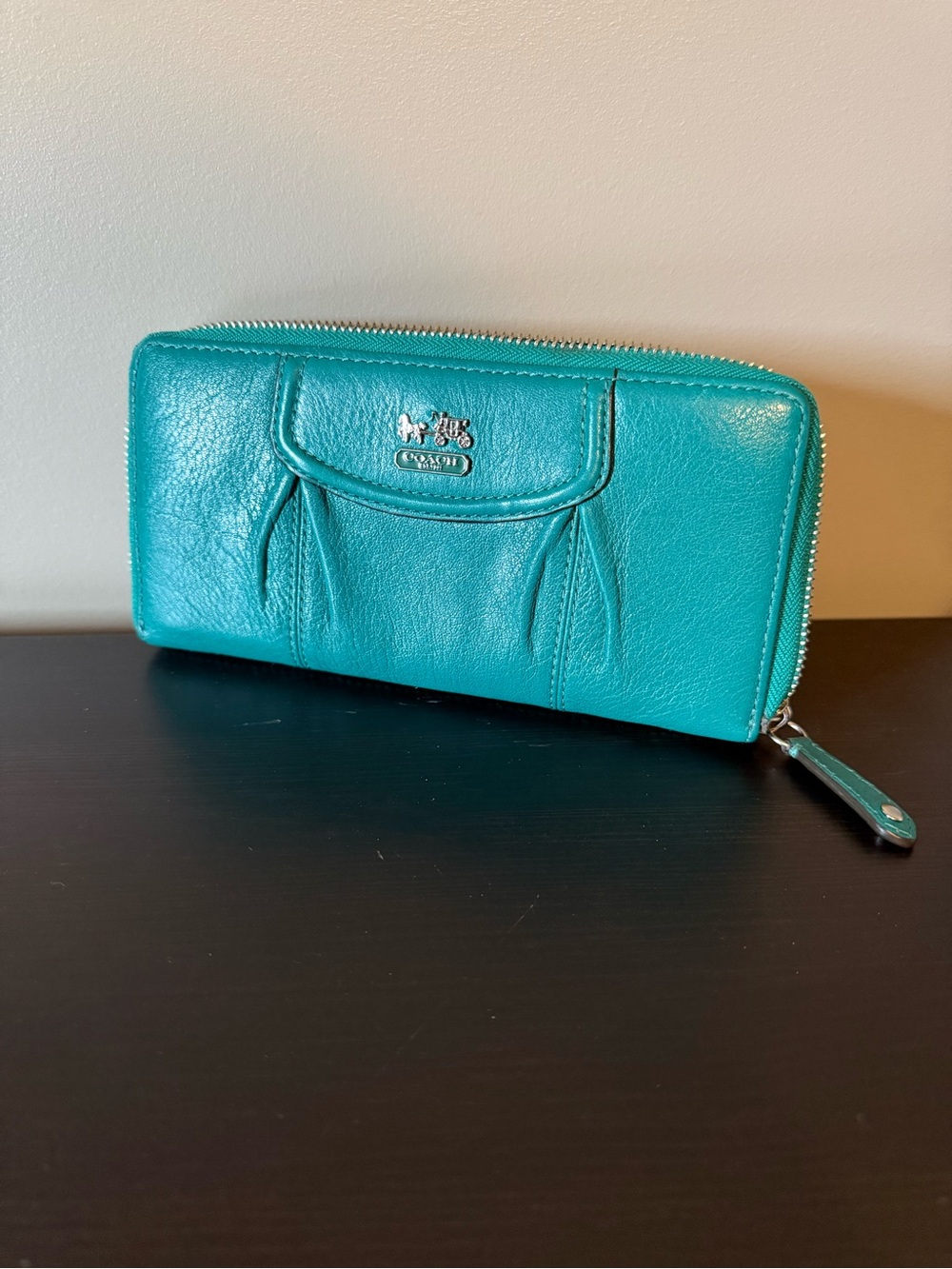 Coach Teal Zip-Around Leather Wallet with Signature Emblem